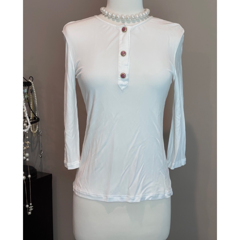Chanel Cc Logo Button White Jersey Blouse Top Shi… - image 1
